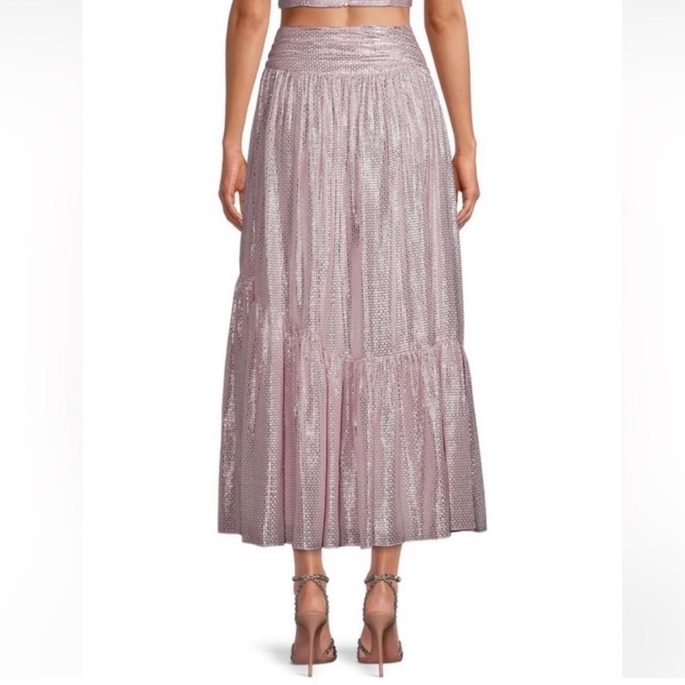 Ramy Brook | Luxe Jessie Pink Shimmer Metallic Split Front Ruffle Maxi Skirt 2 - Picture 1 of 17